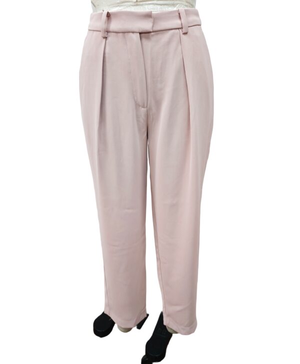 Stylish light pink women's trousers with a high waist and pleated front, perfect for office wear or casual outings, made from comfortable fabric.