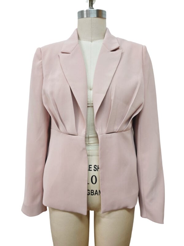 Stylish light pink women's blazer with tailored fit, lapel collar, and long sleeves, perfect for professional or casual wear.