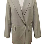 Stylish beige women's blazer with tailored fit, notched lapels, and front pockets, perfect for professional or casual wear.