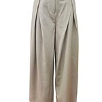 Stylish beige wide-leg trousers with pleats, perfect for professional or casual wear, featuring a high waist and tailored fit.