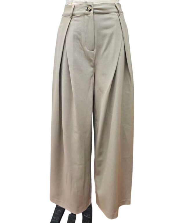 Stylish beige wide-leg trousers with pleats, perfect for professional or casual wear, featuring a high waist and tailored fit.