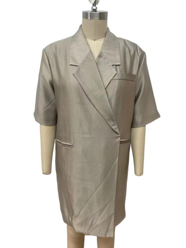 Stylish beige women's blazer dress with short sleeves and lapel collar, perfect for professional or formal occasions.