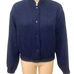 Stylish navy blue knit cardigan with a high collar and button closure, perfect for casual or office wear, displayed on a mannequin.