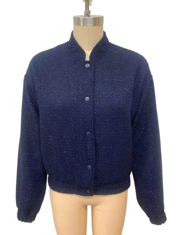 Stylish navy blue knit cardigan with a high collar and button closure, perfect for casual or office wear, displayed on a mannequin.