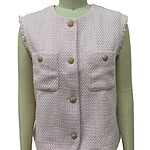 Stylish pink tweed vest with gold buttons, sleeveless design, and front pockets, perfect for fashionable women's outfits.