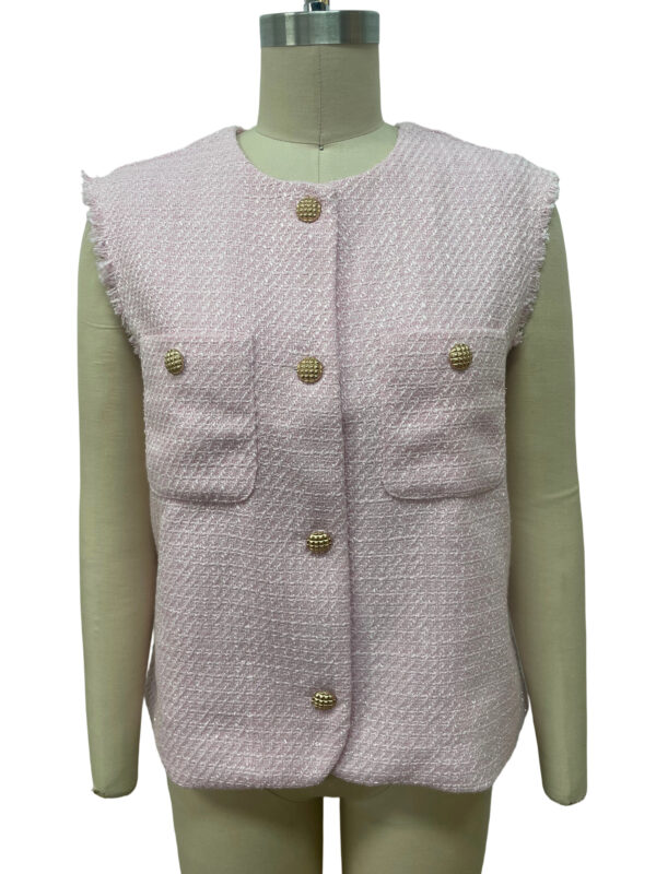 Stylish pink tweed vest with gold buttons, sleeveless design, and front pockets, perfect for fashionable women's outfits.