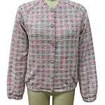 Elegant women's tweed jacket with a multicolor checkered pattern, button closure, and rounded neckline, perfect for stylish casual or office wear.