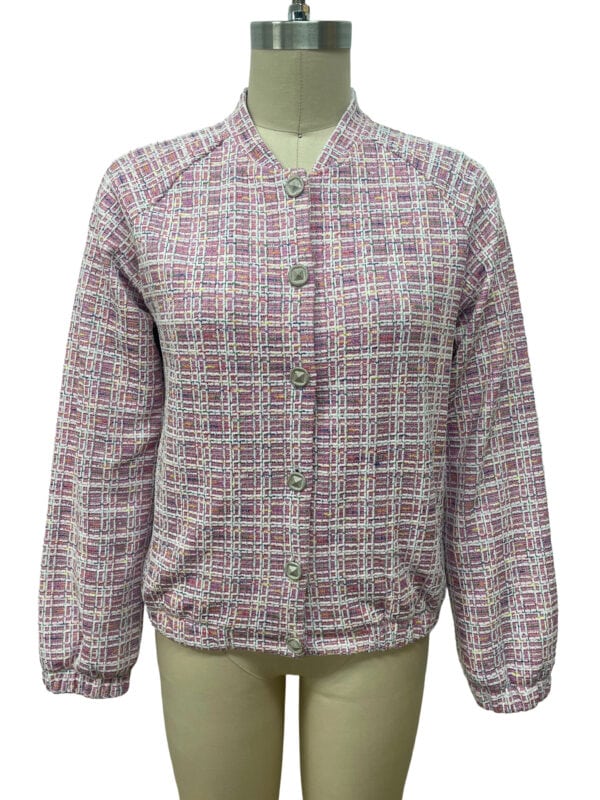 Elegant women's tweed jacket with a multicolor checkered pattern, button closure, and rounded neckline, perfect for stylish casual or office wear.