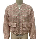 Elegant pink tweed bomber jacket with metallic accents, front pockets, and a zip closure, perfect for stylish casual wear.
