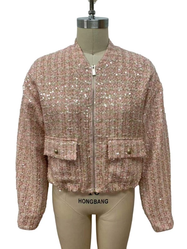 Elegant pink tweed bomber jacket with metallic accents, front pockets, and a zip closure, perfect for stylish casual wear.