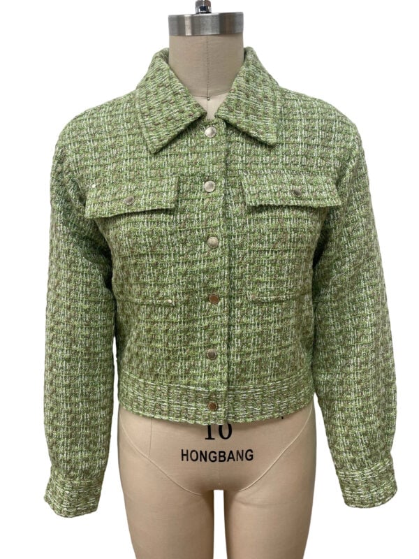 Stylish green tweed jacket with button closure and collar, perfect for casual or formal wear, displayed on a mannequin.