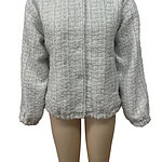 Stylish grey textured women's jacket with a high collar and button closure, perfect for casual or formal wear.
