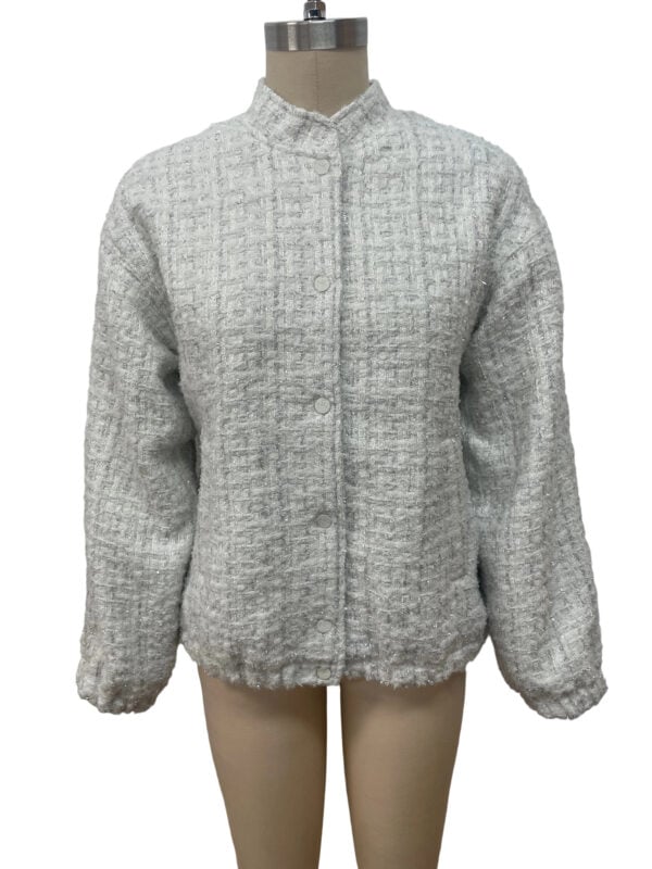 Stylish grey textured women's jacket with a high collar and button closure, perfect for casual or formal wear.