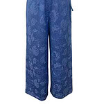 Stylish blue wide-leg pants with floral pattern, perfect for casual or beachwear, featuring an elastic waistband with a drawstring for comfortable fit.
