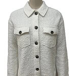 Stylish white woolen jacket with button details and chest pockets, perfect for winter fashion and casual wear.