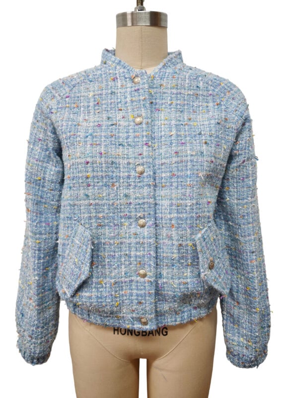 Elegant women's tweed jacket in light blue with multicolored specks, featuring a stand collar and button closure, perfect for stylish casual or formal wear.