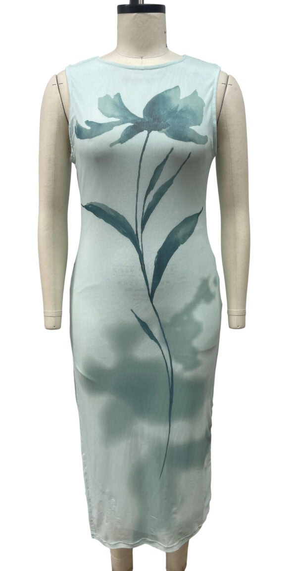 Light blue sleeveless dress with a large floral print design, perfect for summer or spring occasions, showcasing stylish and comfortable fashion.