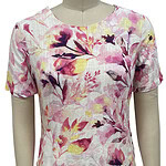 Elegant women's dress with a vibrant floral pattern in pink, yellow, and purple hues, perfect for spring and summer occasions.