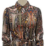 Elegant bohemian paisley dress with long sleeves, collar, and waist tie, featuring intricate patterns in warm earthy tones, perfect for casual or semi-formal occasions.