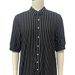 Stylish black dress with white vertical pinstripes, button-down front, and three-quarter sleeves, perfect for office or casual wear.