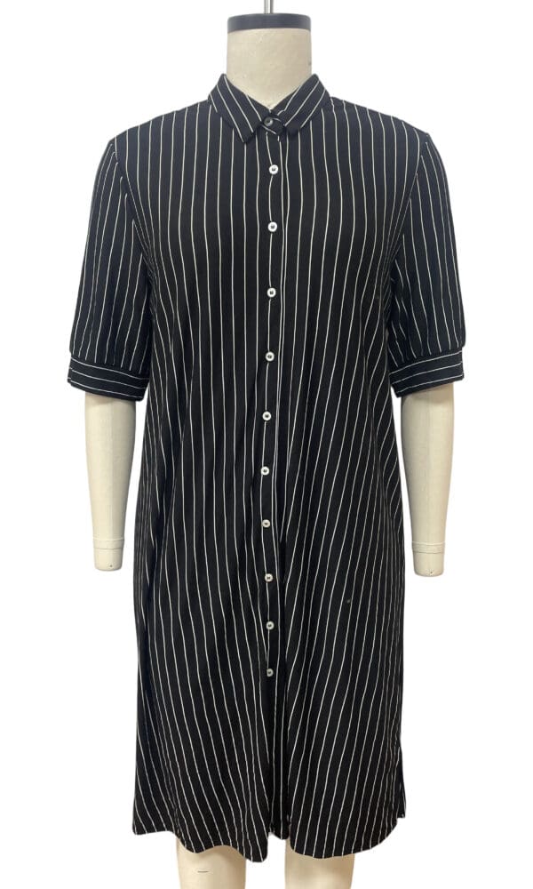 Stylish black dress with white vertical pinstripes, button-down front, and three-quarter sleeves, perfect for office or casual wear.