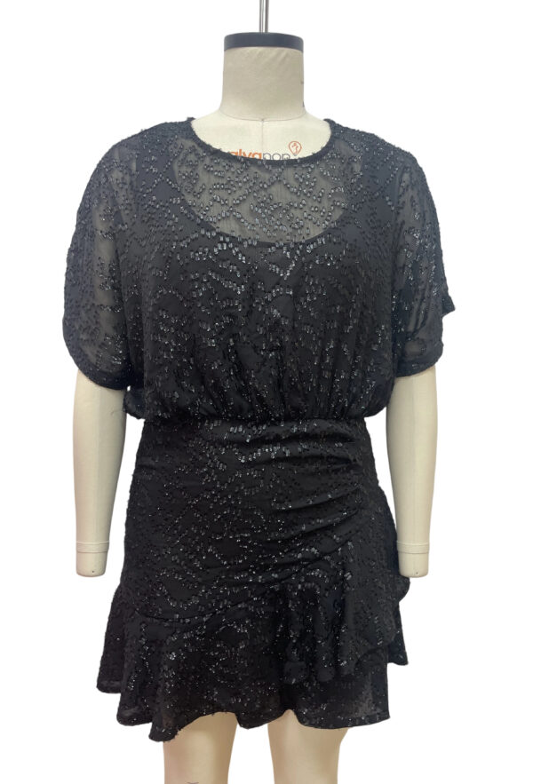 Stylish black sequin dress with short sleeves and ruffled hem, perfect for evening wear or special occasions.