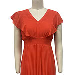 Vibrant red pleated dress with ruffled sleeves and V-neck, perfect for summer or special occasions, displayed on a mannequin.