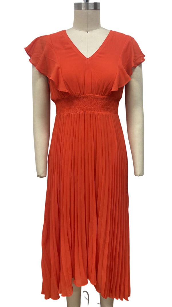 Vibrant red pleated dress with ruffled sleeves and V-neck, perfect for summer or special occasions, displayed on a mannequin.