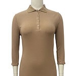 Beige ribbed knit dress with collared neckline and button placket, long sleeves, fitted silhouette, perfect for casual or office wear.