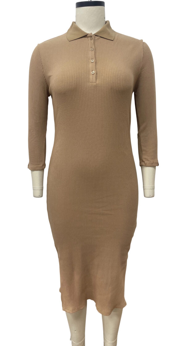 Beige ribbed knit dress with collared neckline and button placket, long sleeves, fitted silhouette, perfect for casual or office wear.