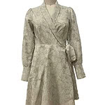 Elegant beige wrap dress with long sleeves and floral pattern, featuring a waist tie, displayed on a mannequin for fashion showcase.