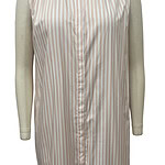 Stylish sleeveless dress with vertical beige and white stripes, perfect for casual or formal occasions, made from lightweight fabric.