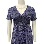 Stylish purple floral dress with a V-neckline and short sleeves, perfect for casual or semi-formal occasions.