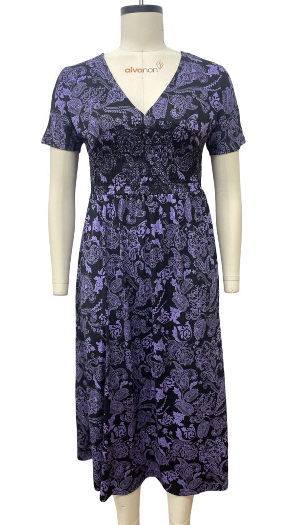 Stylish purple floral dress with a V-neckline and short sleeves, perfect for casual or semi-formal occasions.