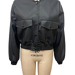 Elegant black bomber jacket with front flap pockets, ribbed collar, and elastic cuffs, perfect for casual and streetwear fashion.