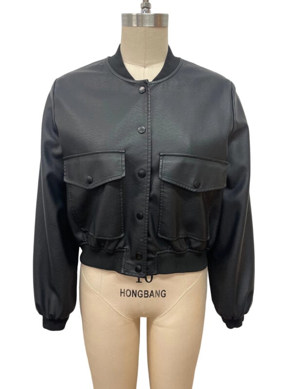 Elegant black bomber jacket with front flap pockets, ribbed collar, and elastic cuffs, perfect for casual and streetwear fashion.