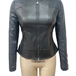 Elegant black leather jacket with a stand-up collar and front zipper, perfect for casual or semi-formal wear, showcasing high-quality craftsmanship.
