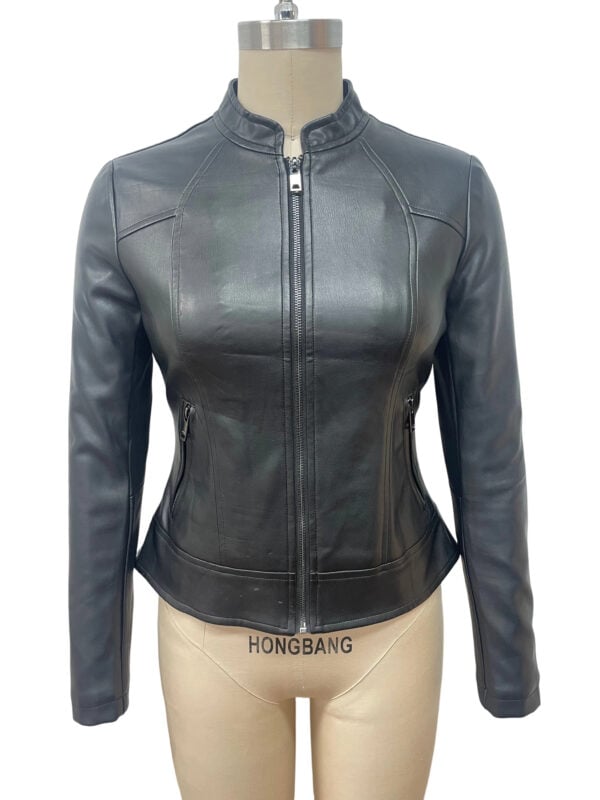 Elegant black leather jacket with a stand-up collar and front zipper, perfect for casual or semi-formal wear, showcasing high-quality craftsmanship.