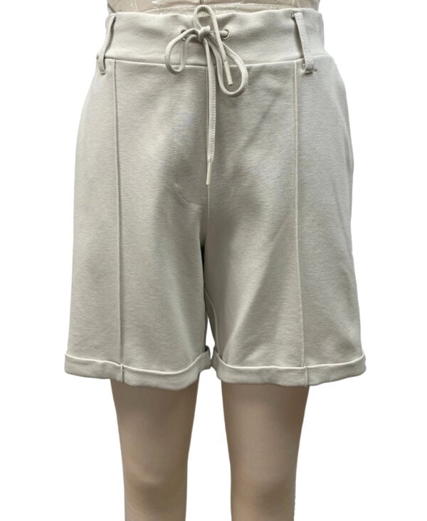 Beige women's casual sweat shorts with drawstring waist, perfect for comfortable everyday wear and lounging.