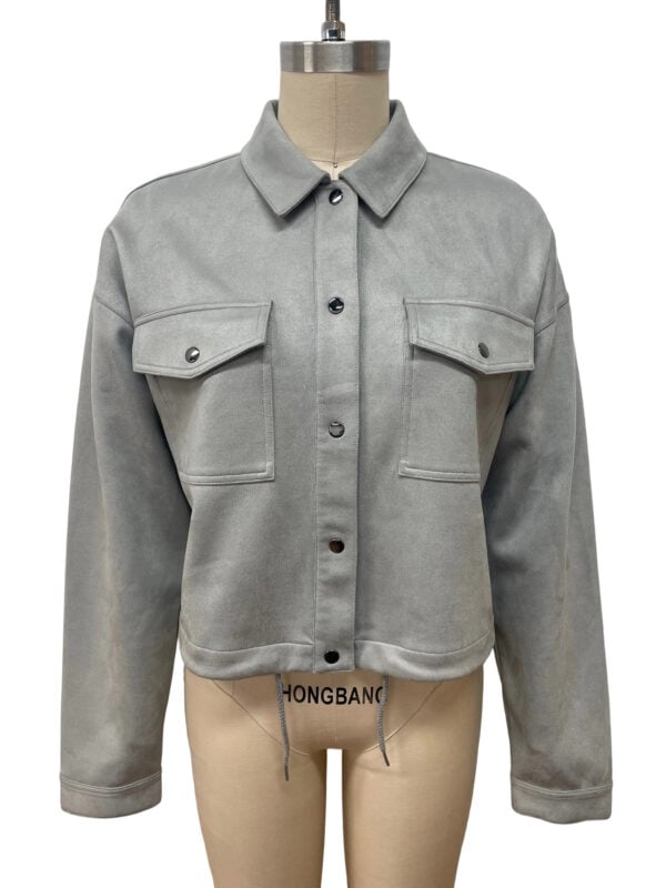 Elegant grey casual jacket with button closure and flap pockets, perfect for everyday wear and versatile fashion styling.