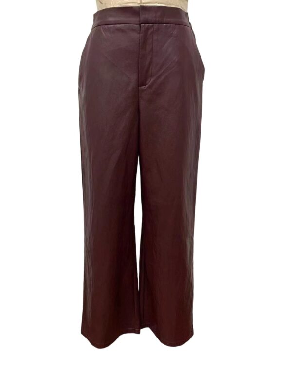 Stylish burgundy leather wide-leg pants for women, perfect for fashion-forward outfits and casual wear, showcasing high-quality material and modern design.