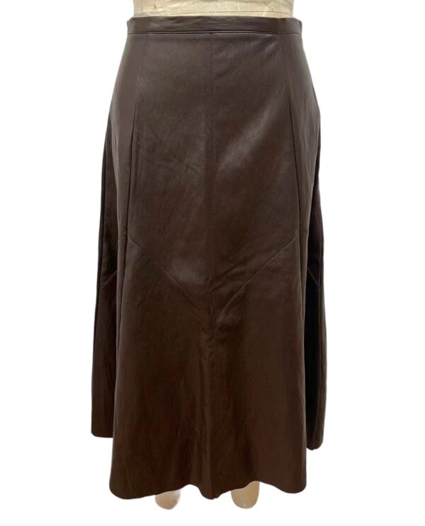 Stylish brown leather skirt for women, featuring a high waist and A-line design, perfect for casual or formal occasions.