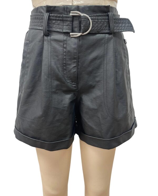 Close-up of black leather shorts with a matching belt, showcasing a trendy and fashionable look for women.