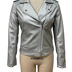 Stylish silver leather jacket for women with classic lapel collar and zip closure, perfect for fashion-forward outfits and casual wear.