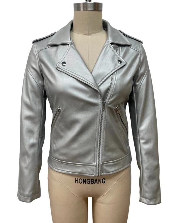 Stylish silver leather jacket for women with classic lapel collar and zip closure, perfect for fashion-forward outfits and casual wear.