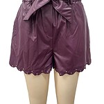 Stylish purple satin shorts with a high waist and bow tie, featuring decorative pearl accents at the hem, perfect for fashionable summer wear.