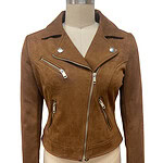Stylish brown leather biker jacket with silver zippers and lapel collar, perfect for casual and edgy fashion looks.