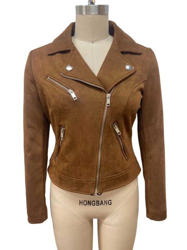 Stylish brown leather biker jacket with silver zippers and lapel collar, perfect for casual and edgy fashion looks.