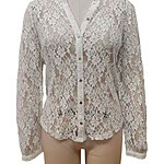 Elegant white lace long-sleeve button-down shirt for women, featuring intricate floral lace pattern, perfect for stylish occasions and fashion-forward looks.