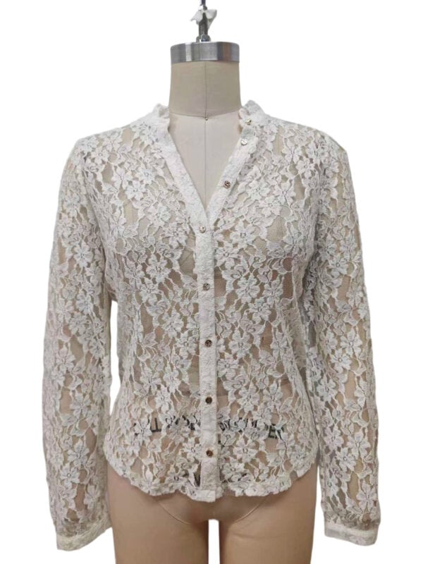 Elegant white lace long-sleeve button-down shirt for women, featuring intricate floral lace pattern, perfect for stylish occasions and fashion-forward looks.